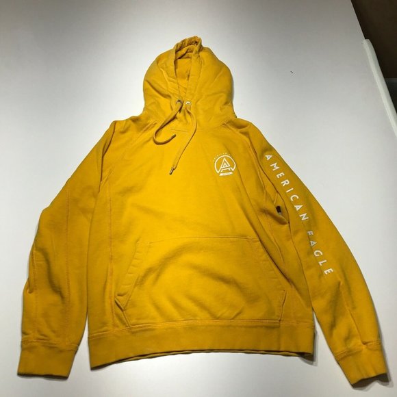 American Eagle 1977 Sweatshirt Mens Size Small Yellow Drawstring Hoodie Pocket - Picture 1 of 5